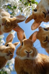 Fototapeta premium Curious brown rabbits gathered under blooming spring blossom against a clear blue sky