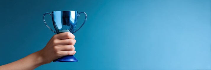 Hand holding blue trophy against blue background symbolizing victory and achievement
