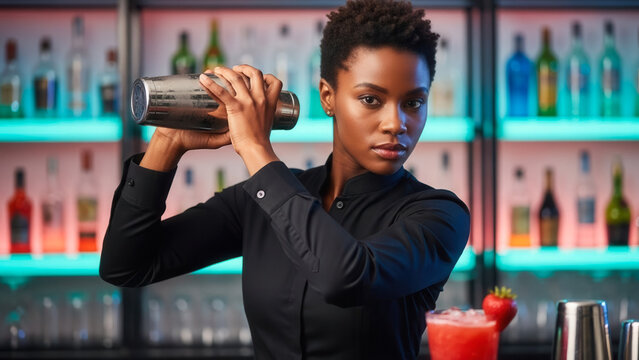 Confident African-American woman bartender shaking cocktail shaker in vibrant bar, drink preparation and nightlife entertainment