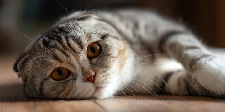 Scottish fold cat resting on wooden floor with curious expression - Powered by Adobe