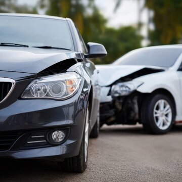 Two sedans in urban collision with visible damage on bumpers