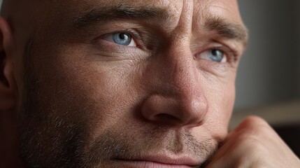 Close Up Portrait of a Pensive Mature Man with Blue Eyes