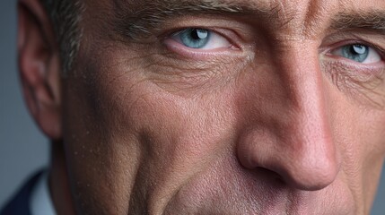 Fototapeta premium Macro Portrait of a Mature Man with Intense Blue Eyes and Skin Detail