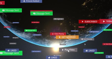 Animation of colourful social media notifications processing data over globe in night sky - Powered by Adobe