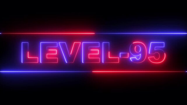 glowing neon Level-95 text inside a horizontal banner on black background. level 95 text icon animation. Neon level up sign. neon next Level text. Game concept next level. 4k video animation.