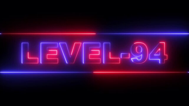 glowing neon Level-94 text inside a horizontal banner on black background. level 94 text icon animation. Neon level up sign. neon next Level text. Game concept next level. 4k video animation.