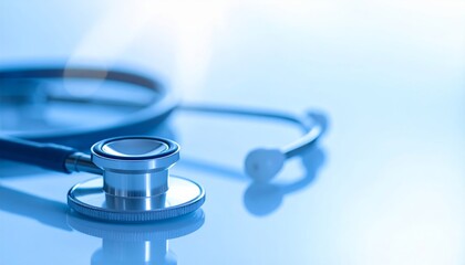 A closeup of a medical stethoscope on a hospital table with a laptop keyboard and blue heart pills for healthcare diagnostic technology and cardiology treatment