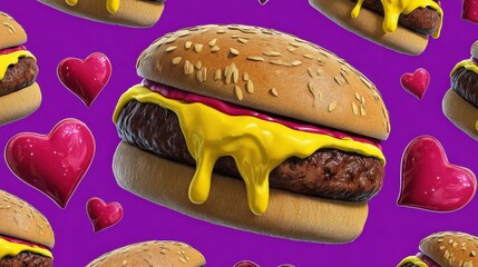 Delicious Cheeseburgers with Melting Cheese and Hearts Pattern