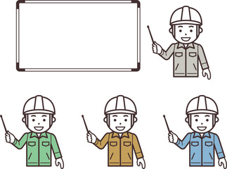 指し棒を持った白ヘルメットと作業服の男性とホワイトボード