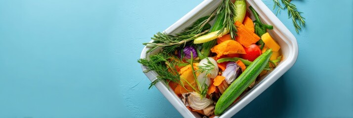 Eco-friendly kitchen: organic compost ingredients in white container on blue background
