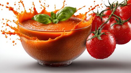 Fresh Tomato Soup Splash in Glass Bowl with Basil and Tomatoes