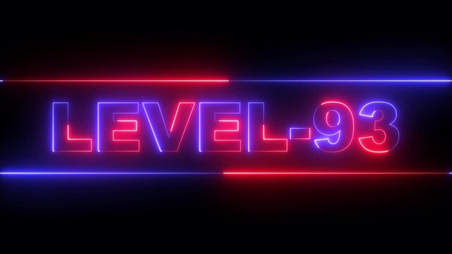 glowing neon Level-93 text inside a horizontal banner on black background. level 93 text icon animation. Neon level up sign. neon next Level text. Game concept next level. 4k video animation.