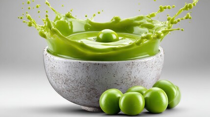 Fresh Green Pea Soup Splash in a Rustic Bowl Food Party Appetizer