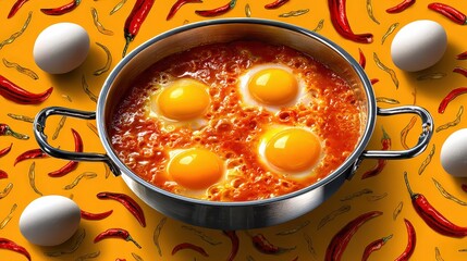 Spicy Shakshuka with Poached Eggs and Red Chili Peppers on Yellow