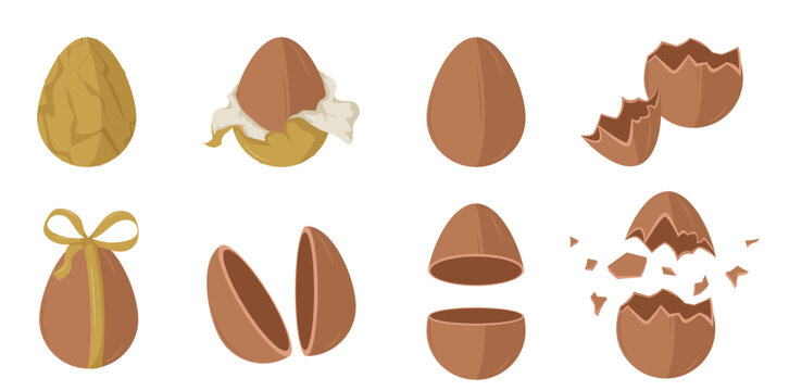 Set of chocolate Easter egg icons including wrapped in gold foil, unwrapped, broken shells, and halved chocolate eggs Flat Vector Illustration