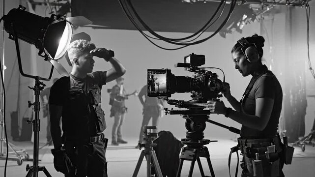 Behind the Scenes: Film Crew at Work, Setting up Lights and Operating a Professional Camera