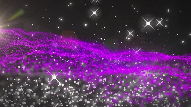 Animation of snow falling over people dancing and orange spots of light