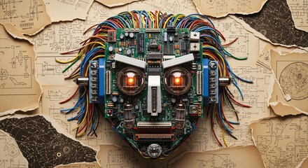 Abstract still lay of disassembled retro tech components circuit board robot head