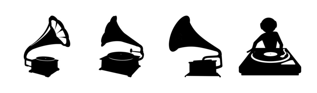 Vintage gramophone silhouettes and DJ with turntable illustration