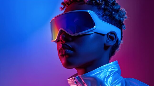 A futuristic individual with short, curly hair wearing virtual reality goggles looks up with a mix of blue and pink lighting