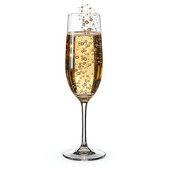 Flute glass filled with sparkling champagne shows effervescent bubbles rising against a clean white background for celebration.