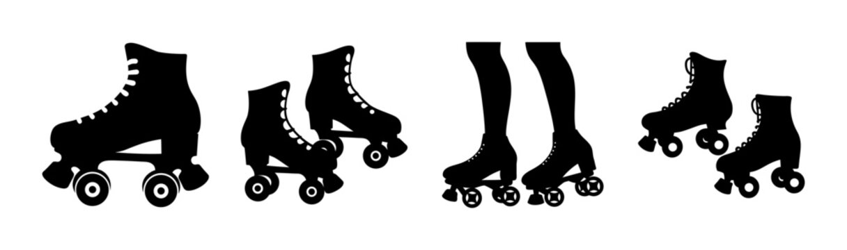 Vintage roller skates silhouette set, retro quad skate icons, black roller skating vector graphics