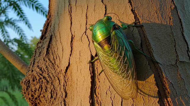 Close up view of cicada singing on tree branch with vibrating tymbals and visible body shaking creating loud summer sound
