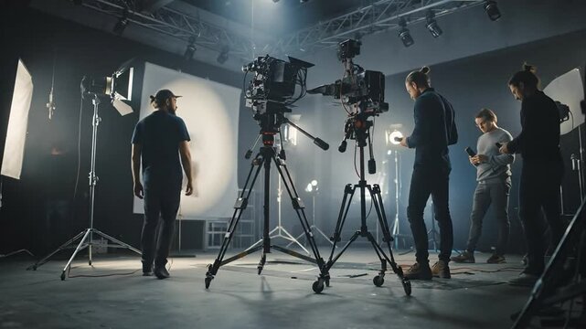 Behind the Scenes of a Professional Video Production Crew Setting Up Cameras and Lighting Equipment