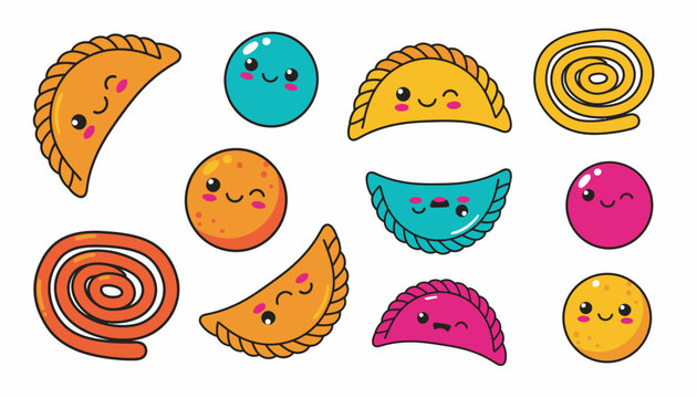 A collection of cute, kawaii-style Indian sweets and snacks, including various types of karanji, chakli, and laddu, with cheerful cartoon faces.