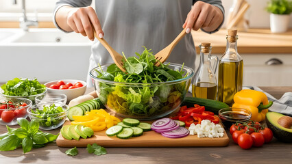 Healthy Kitchen Salad Preparation With Fresh Veggies, Olive Oil, And Fresh Herbs On Counter. A person tosses a vibrant garden salad in a glass bowl, surrounded by colorful vegetables and oil.