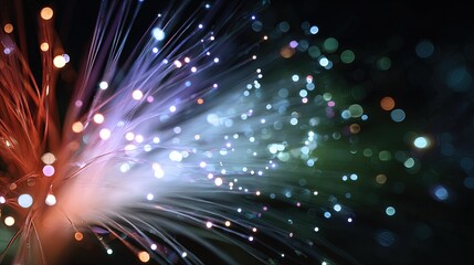Obraz premium Fiber optic cable strands glow with vibrant multi colored lights and soft bokeh circles across the frame in this detailed view of optical technology