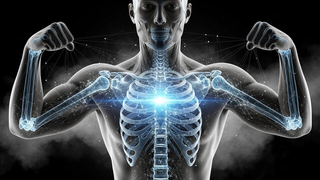 Male skeleton and human body rendering. Man with glowing health in chest area. Medical health and strong body concept for science and anatomy.