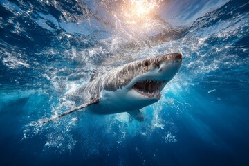 Fototapeta premium A great white shark in the ocean, mouth wide open