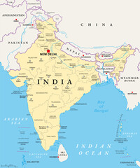 Obraz premium Republic of India, political map with states and union territories, capital New Delhi, and largest cities. Administrative divisions of India, a federal union comprising 36 subnational entities. Vector