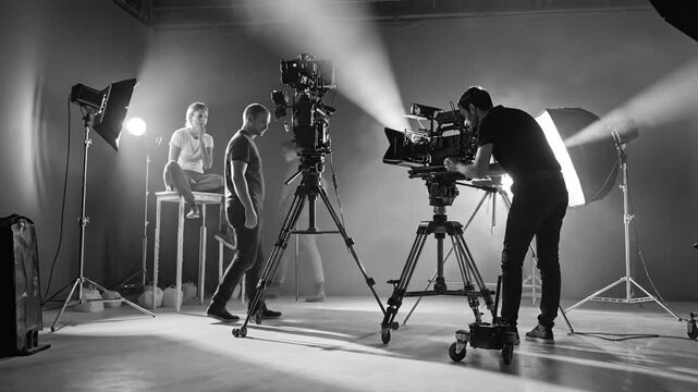 Behind the Scenes of a Video Production Filming with Camera Crew and Lighting Equipment
