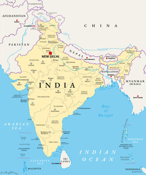 Republic of India, political map with states and union territories, capital New Delhi, and largest cities. Administrative divisions of India, a federal union comprising 36 subnational entities. Vector