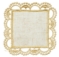 Square Linen Coaster with Elegant Gold Lace Embroidery Border Isolated on White Background