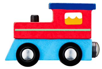 Colorful Red and Blue Wooden Toy Train Locomotive Isolated on White Background