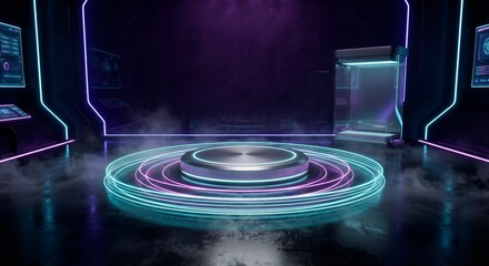 Futuristic Neon Platform Stage in Sci-Fi Laboratory Room