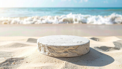 Round stone pedestal on soft sandy beach, mock-up, minimal composition, natural textures