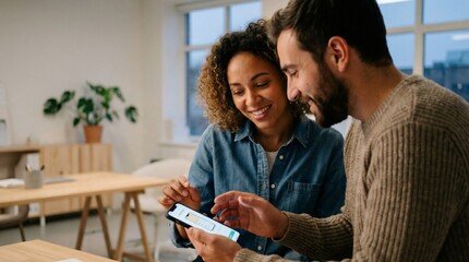 Two young professionals smiling while looking at a smartphone screen during a collaborative moment in a bright airy office space