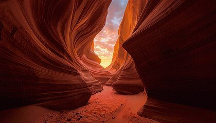 landscape slot antelope canyon curving sandstone walls create flowing patterns in rich red and orange hues