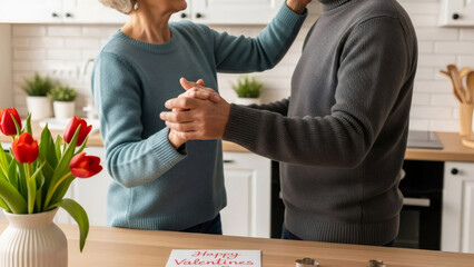 Woman and man dancing in kitchen. Elderly couple celebrating Valentines Day. Happy senior relationship concept for greeting card.