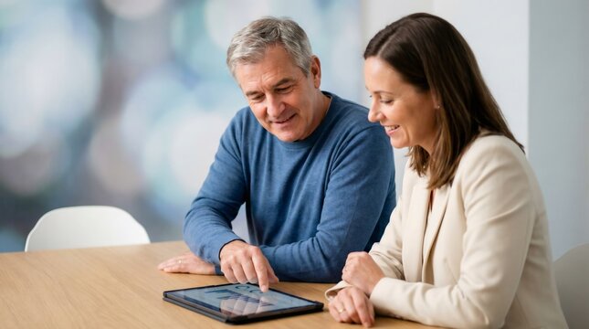 A senior male executive and a female colleague analyzing financial charts and data on a digital tablet at a wooden table - Powered by Adobe