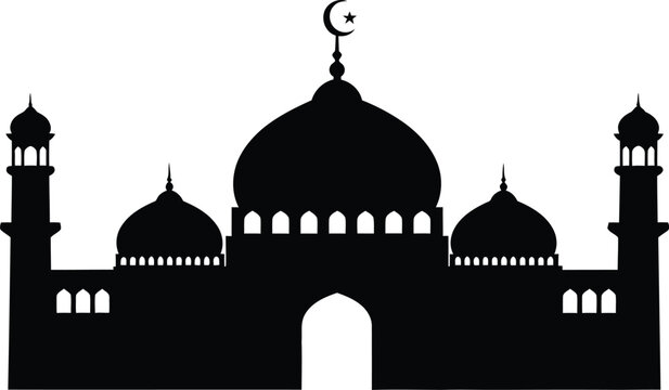 Symmetrical mosque architecture silhouette featuring central dome and minarets with arch entrance