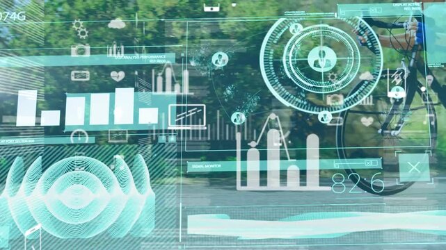 Animation of statistics and data processing over female cyclist on bike