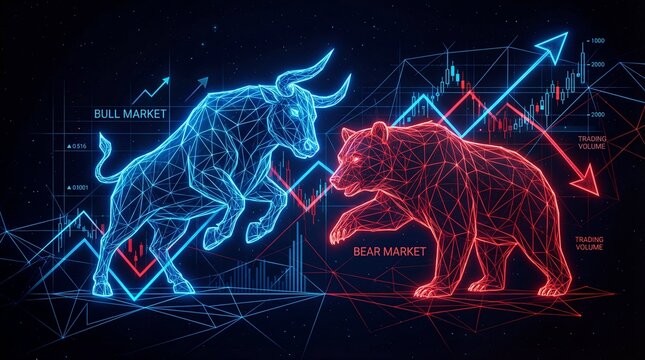 Neon bull and bear stock market trading concept