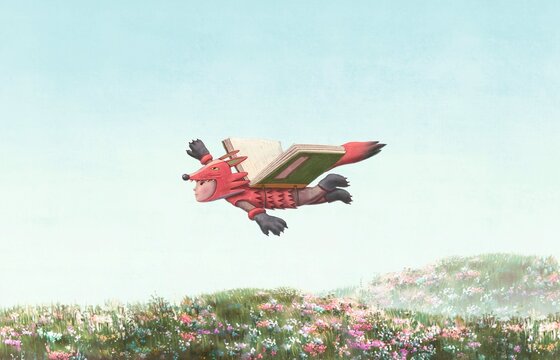 Education learning dream hope inspiration and freedom concept, girl and boy with imagination book. surreal painting. Fantasy art, conceptual artwork, happiness of child , 3d illustration	
