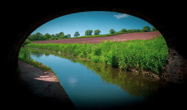 View of field with red Devon soil from under a bridge on the Grand Western Canal near Tiverton in Devon, England