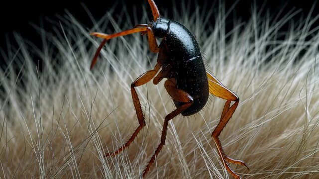 Super slow motion of flea jumping from animal fur with incredible height showing detailed legs and compressed body texture